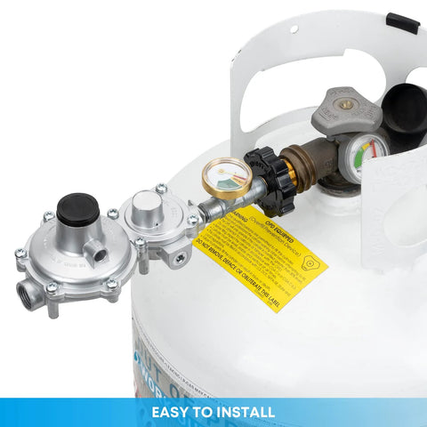 Stanbroil horizontal two-stage propane regulator with gauge mounted on a propane tank; 3/8 NPT and P.O.L connections