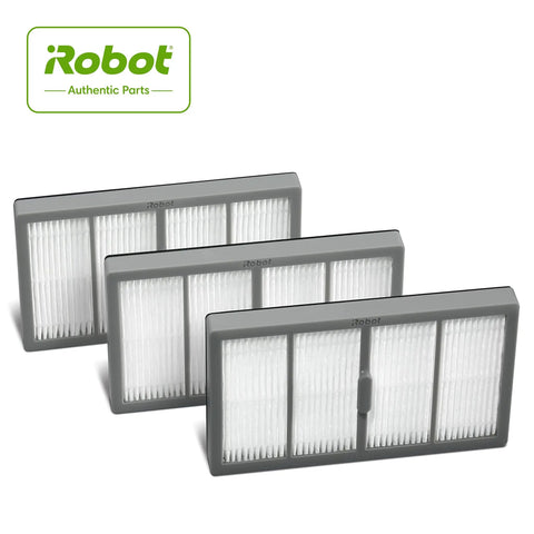 Three Roomba S Series High-Efficiency Replacement Filter 3-Pack shown for dustbin, white filters trapping pet dander allergens.