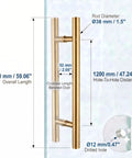 Beefy 60 Inch Solid Standoffs Door Handle Set Heavy Duty Commercial Grade 304 Stainless Steel Push Pull For Barn Doors And Glass Doors Satin Gold Finish With 59 Inch Handle Length And 2 Inch Mount, satin gold glass door handle dimensions