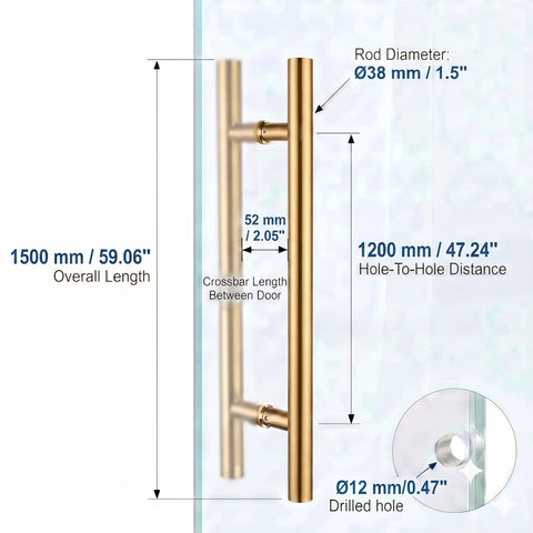 Beefy 60 Inch Solid Standoffs Door Handle Set Heavy Duty Commercial Grade 304 Stainless Steel Push Pull For Barn Doors And Glass Doors Satin Gold Finish With 59 Inch Handle Length And 2 Inch Mount, satin gold glass door handle dimensions