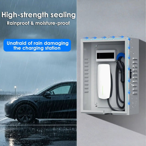 Heavy Duty Outdoor EV Charger Box Weatherproof Wall Mount Cover For Electric Vehicles with charging cable stored securely.
