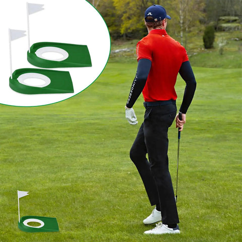 Indoor Golf Putting Green Set With 2 Cups And Flags, Easy Setup Practice Aids For Home Office Or Outdoor Use displayed outdoors