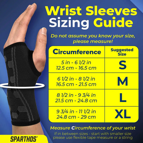 Wrist Support Sleeves Pair For All Day Pain Relief, sizing guide, hand wearing medium, medical compression, Sparthos brand