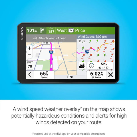 OTR720 7 Inch Truck GPS Navigator with wind speed alerts and custom hauler routing display.