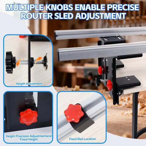 48 Inch Adjustable Router Sled For Slab Flattening With Reinforced Rails showing knobs for height and width adjustments