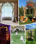 Collage featuring various decorated metal arches, including Green 7.9 Ft Metal Garden Arbor Arch For Climbing Plants at garden entrance.