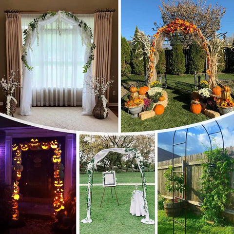 Collage featuring various decorated metal arches, including Green 7.9 Ft Metal Garden Arbor Arch For Climbing Plants at garden entrance.