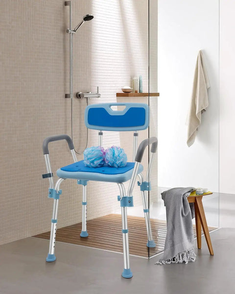 Heavy Duty Shower Chair with Arms and Back in bathroom, non-slip aluminum bath chair for elderly and disabled, easy assembly