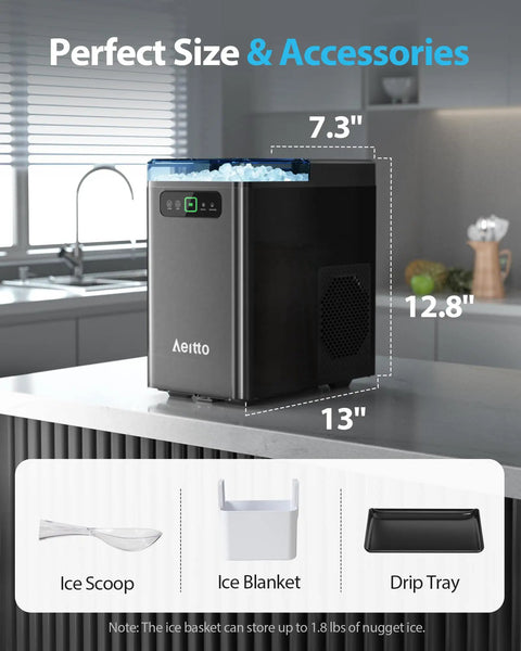 Beast Of A Countertop Nugget Ice Maker That Pumps Out Soft Chewable Ice Up To 40 Lbs A Day In Just 5 Minutes One Click Operation showing size and accessories on a kitchen counter.