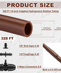 328 Foot Quarter Inch Drip Irrigation Tubing Kit With Six Inch Emitter Spacing, includes components and measurements