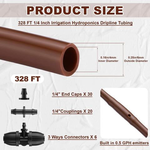 328 Foot Quarter Inch Drip Irrigation Tubing Kit With Six Inch Emitter Spacing, includes components and measurements