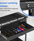 3 Tier Rolling Tool Cart With Lockable Drawer And Pegboard Hooks, Built Tough Heavy Duty Metal Utility Cart On Wheels For Garage, Workshop And Warehouse Organization. Open lockable metal drawer with tools and keys