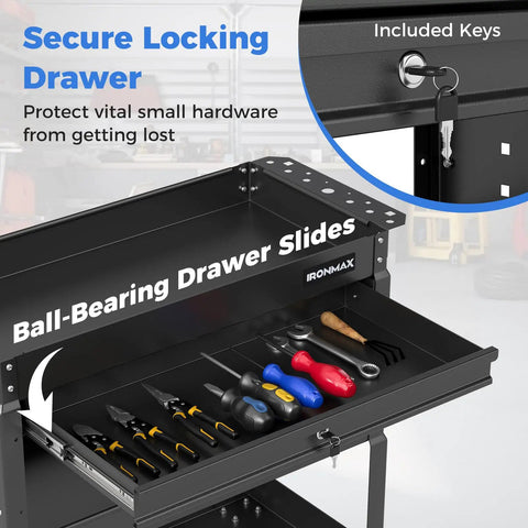 3 Tier Rolling Tool Cart With Lockable Drawer And Pegboard Hooks, Built Tough Heavy Duty Metal Utility Cart On Wheels For Garage, Workshop And Warehouse Organization. Open lockable metal drawer with tools and keys