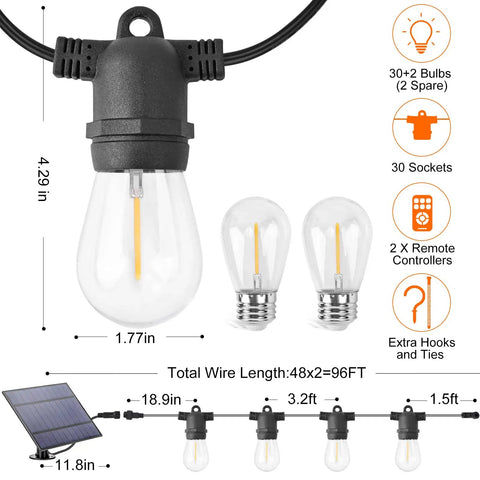 Outdoor Solar String Lights 96Ft 2 Pack With 32 LED Bulbs Waterproof Patio Garden Lights Remote Control 3 Lighting Modes 5 Brightness Levels 4 Timer Settings 2H 4H 6H 8H Easy Auto On At Dusk Ideal For Yard Patio Backyard