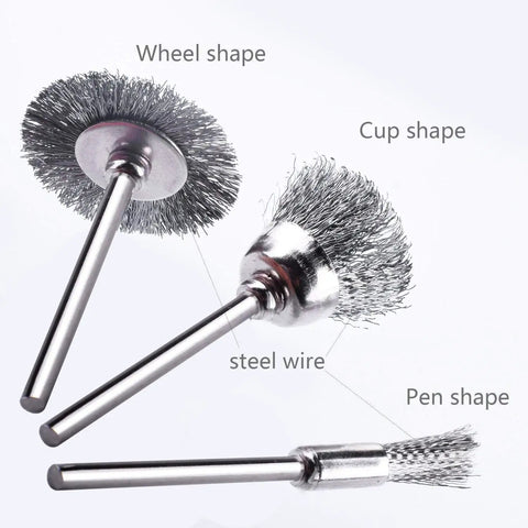 60 Piece Wire Brush Set For Rotary Tools Stainless Steel Wire Wheels With Pen Brushes Built Tough For Rust Paint Grime And Scale Removal In Tight Spots Perfect For Detail Cleaning showing wheel, cup, and pen shapes