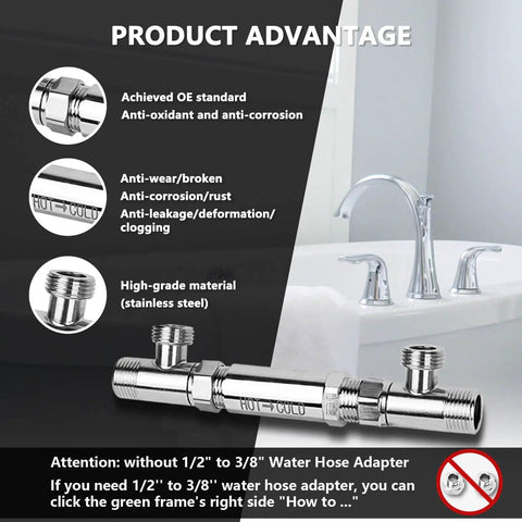 Upgrade Your Hot Water Game By Swapping That Crappy Plastic Sensor Bypass Valve With Our Heavy Duty 304 Stainless Steel Replacement - stainless steel bypass valve shown with hot-cold fittings.