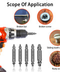 5-Piece HSS Screw Extractor Set For Damaged Screws And Bolts with drill bit and application examples