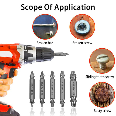 5-Piece HSS Screw Extractor Set For Damaged Screws And Bolts with drill bit and application examples