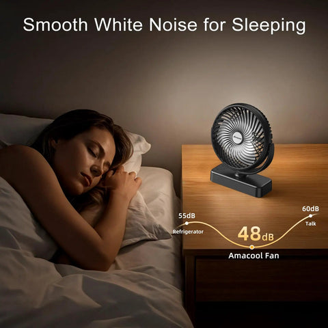 Magnetic Cruise Golf Cart Fan 10000mAh Portable Cooling Buddy on bedside table, emits smooth white noise for sleeping.