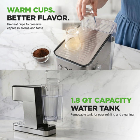 This Twenty Bar Espresso Maker Delivers Rich Bold Flavor With An Integrated Milk Frother And Roomy Removable Tank For Serving Silky Lattes And Americanos Through The Day In Premium Stainless Steel Housing with 1.8 qt removable water tank