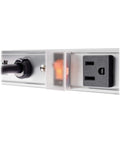 12 Outlet Power Strip with 15 Foot Heavy Duty Metal Housing Built Tough and Mountable Wall Mount close-up with switch and plug