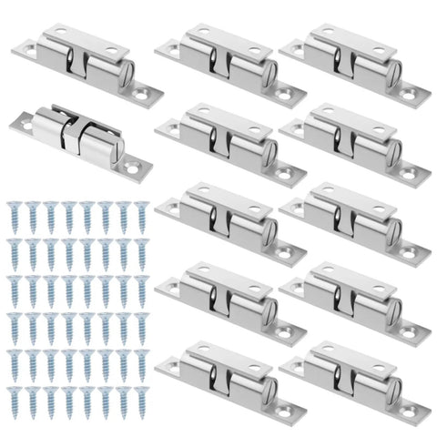 12 Pack Heavy Duty Double Ball Tension Roller Cabinet Catch Latch For Cabinets And Furniture Doors 60mm Solid Brass Closet Door Hardware With Screws And Tape Silver Finish displayed with screws