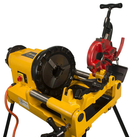 Steel Dragon Tools 300 Compact Pipe Threader Machine With Self Opening Die Head And Two Dies for cutting and threading pipes.