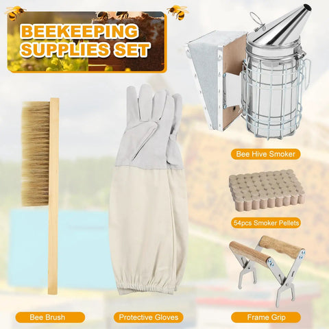 All In One Beekeeping Starter Kit for Beginners with Bee Smoker, Bee Brush, Protective Gloves, Frame Grip, Smoker Pellets