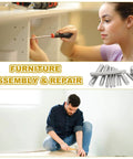Person using screwdriver on furniture, 3mm X 50mm Dowel Pins Stainless Steel 304 30 Pack shown, suitable for cabinets, drawers, shelves repair.