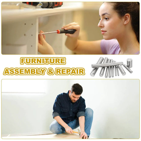 Person using screwdriver on furniture, 3mm X 50mm Dowel Pins Stainless Steel 304 30 Pack shown, suitable for cabinets, drawers, shelves repair.