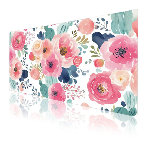 Side view of Pink Floral Large Mouse Pad 31.5 By 15.7 Inches Extended Desk Mat Waterproof PU Leather For Desktop Laptop Keyboard