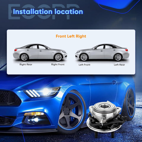 Diagram showing installation locations for Beefed-Up Front Wheel Hub Bearing Assembly 515003 Fits Ford Explorer Ranger and car illustration.