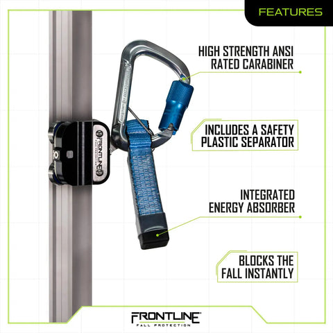 Rock Solid Vertical Fall Arrest Ladder System Trolley Featuring Kick Ass Energy Absorber And Hella Strong Ansi Carabiner For Heavy Duty Osha Construction Safety