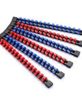 Six Piece Three Eighths Inch Drive Socket Organizer Rails Set With SAE And Metric Holder Rails In Red And Blue Mountable Sliding Tray Rack