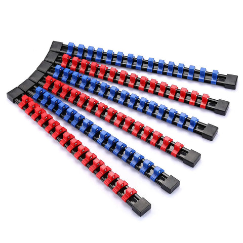 Six Piece Three Eighths Inch Drive Socket Organizer Rails Set With SAE And Metric Holder Rails In Red And Blue Mountable Sliding Tray Rack