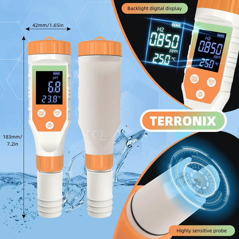 7 In 1 Hydrogen Water Tester With Digital pH TDS EC ORP Salt And Temperature Meter For Drinking Water in orange and white with digital display