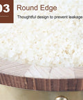 Close-up of round edge design of Brown Fir Wood Grain Rice Dispenser With Lid, preventing leakage for bulk grains.