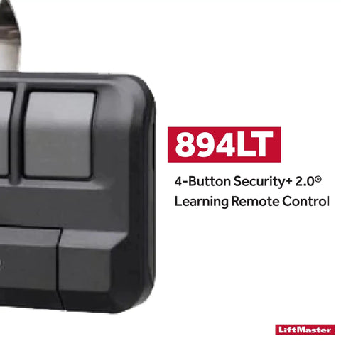 Four Button Learning Garage Door Opener Remote with Visor Clip for Up to Four Doors in black plastic with text "894LT"