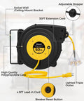 Heavy Duty Retractable Extension Cord Reel 50 Feet Long With Rugged 14 AWG Wiring And Three Bright Lighted Outlets mounted on a wall with adjustable stopper.