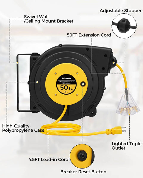 Heavy Duty Retractable Extension Cord Reel 50 Feet Long With Rugged 14 AWG Wiring And Three Bright Lighted Outlets mounted on a wall with adjustable stopper.