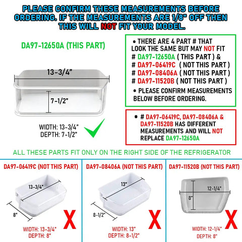 Diagrams showing measurements for upgraded right side door shelf bin replacement for refrigerator DA97-12650A.