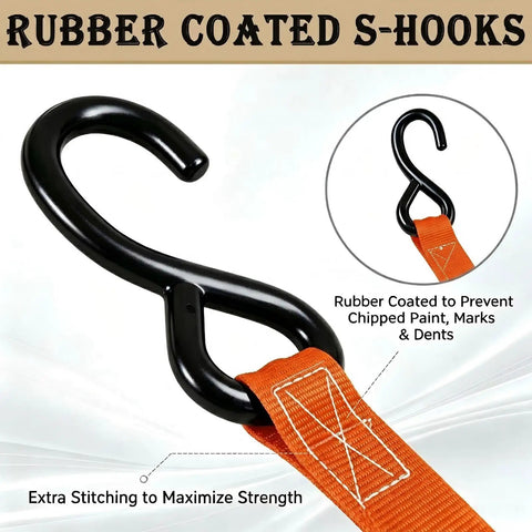 Beefy Ratchet Tie Down Straps 2 Pack 1 Inch By 15 Feet Cargo Slings with rubber coated S-hook for secure fastening.