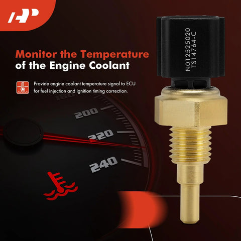 A-Premium engine coolant temperature sensor, 2-pin, brass body with black top; compatible with Subaru, Toyota, Scion.