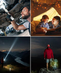 Collage of foldable rechargeable camping light with stand used in car repair, family reading, night hiking, and tent camping