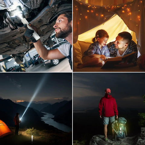 Collage of foldable rechargeable camping light with stand used in car repair, family reading, night hiking, and tent camping