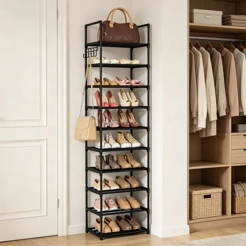 Narrow 10 Tier Shoe Rack For Small Spaces, Tall Entryway And Closet Organizer Holds 20 To 24 Pairs Shoes, Stackable Metal Cabinet With Hooks