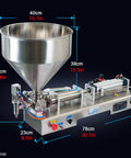 Pneumatic Liquid Paste Bottle Filler, 40L Stainless Steel Hopper with dimensions, heavy duty unit for viscous fluid packing.