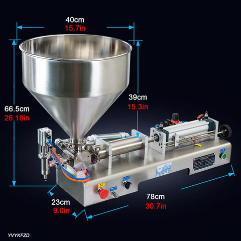 Pneumatic Liquid Paste Bottle Filler, 40L Stainless Steel Hopper with dimensions, heavy duty unit for viscous fluid packing.