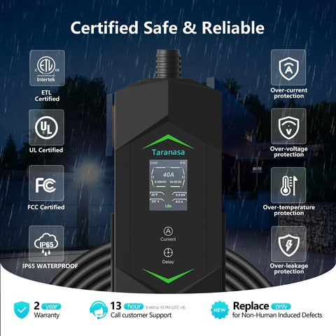 Tesla Level 2 Home EV Charger 40A 240V With NACS Connector and NEMA 14-50 Plug, ETL listed, features and certifications displayed