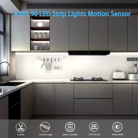 Battery Operated Motion Sensor Cabinet Strip Lights 9.8Ft 90LED With Day Night Sensor For Wardrobe Kitchen Stairs Easy Install Safe Tape Light Cool White